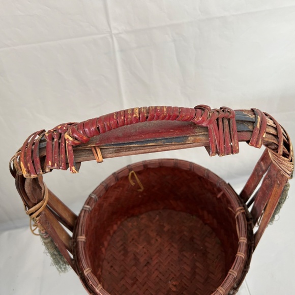 VINTAGE Antique Chinese Wedding Basket 2 Tier RARE Top & Wicker & Bamboo Cane - Picture 10 of 12